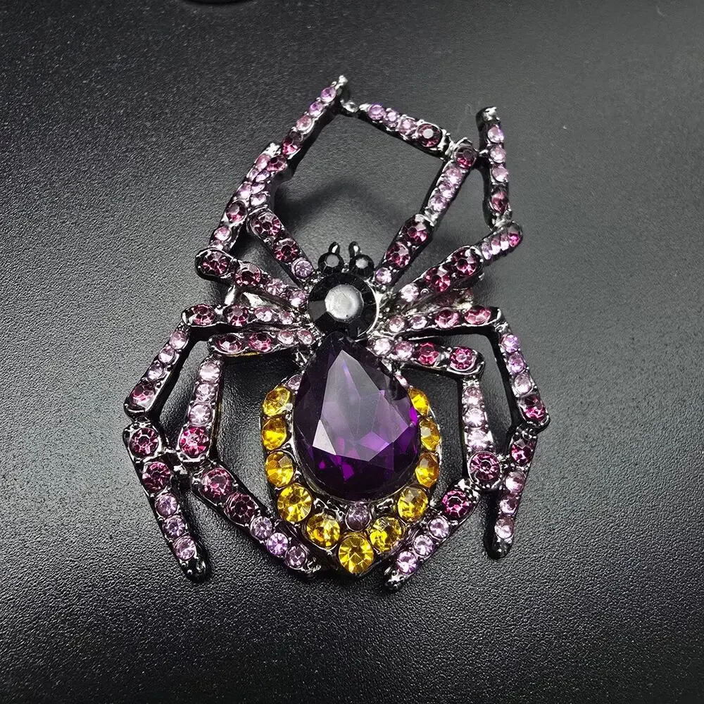 Purple Yellow Rhinestone Spider Brooch Gothic Costume Jewelry